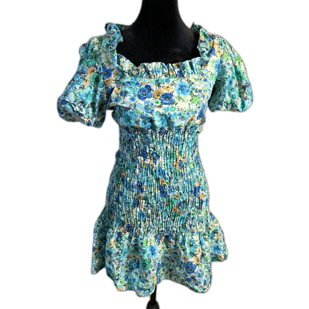 Zara Blue Floral Smocked Waist Mini Dress — Ruffle Mock Neck, Puff Sleeves
